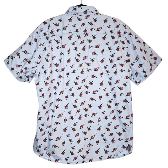 MBX skiing santa short sleeve button down shirt. Blue/Red. - Picture 4 of 16